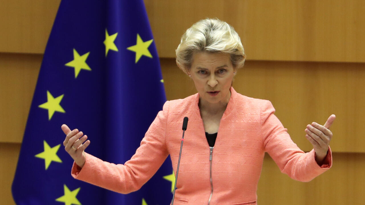 European Commission President Ursula von der Leyen addresses her first State of the European Union speech during a plenary session of the European Parliament, in Brussels